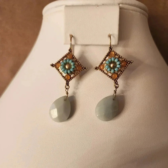 Floral Gold, Orange and Blue Beaded Drop Earring - Picture 1 of 3